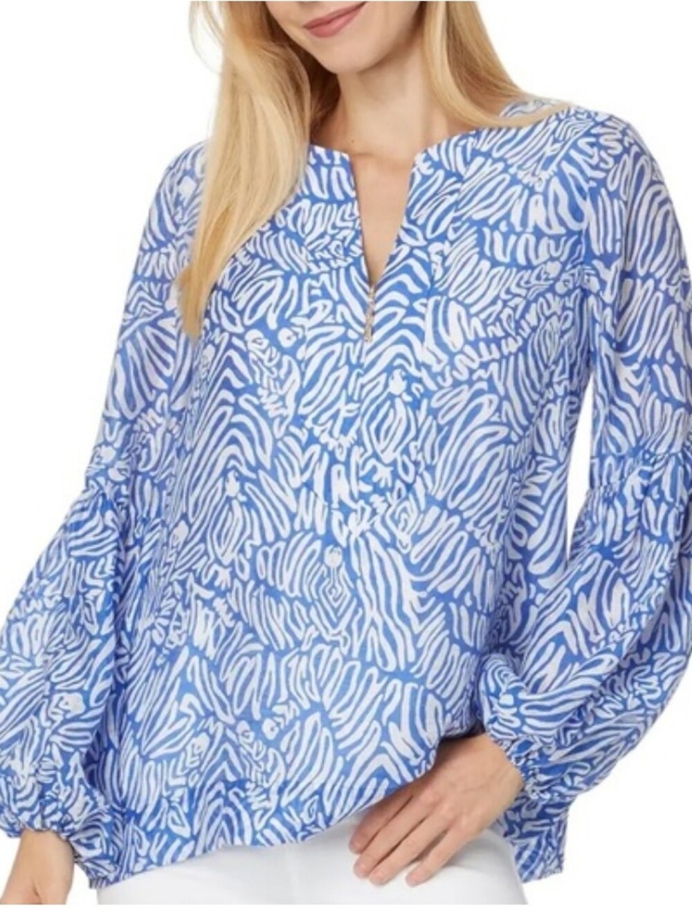 Lilly Pulizer Laurelie Matinique Blue Zebra Print Blouse Top